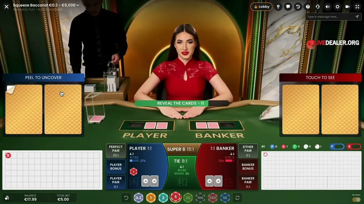 Live Baccarat table with professional dealer and squeeze cards